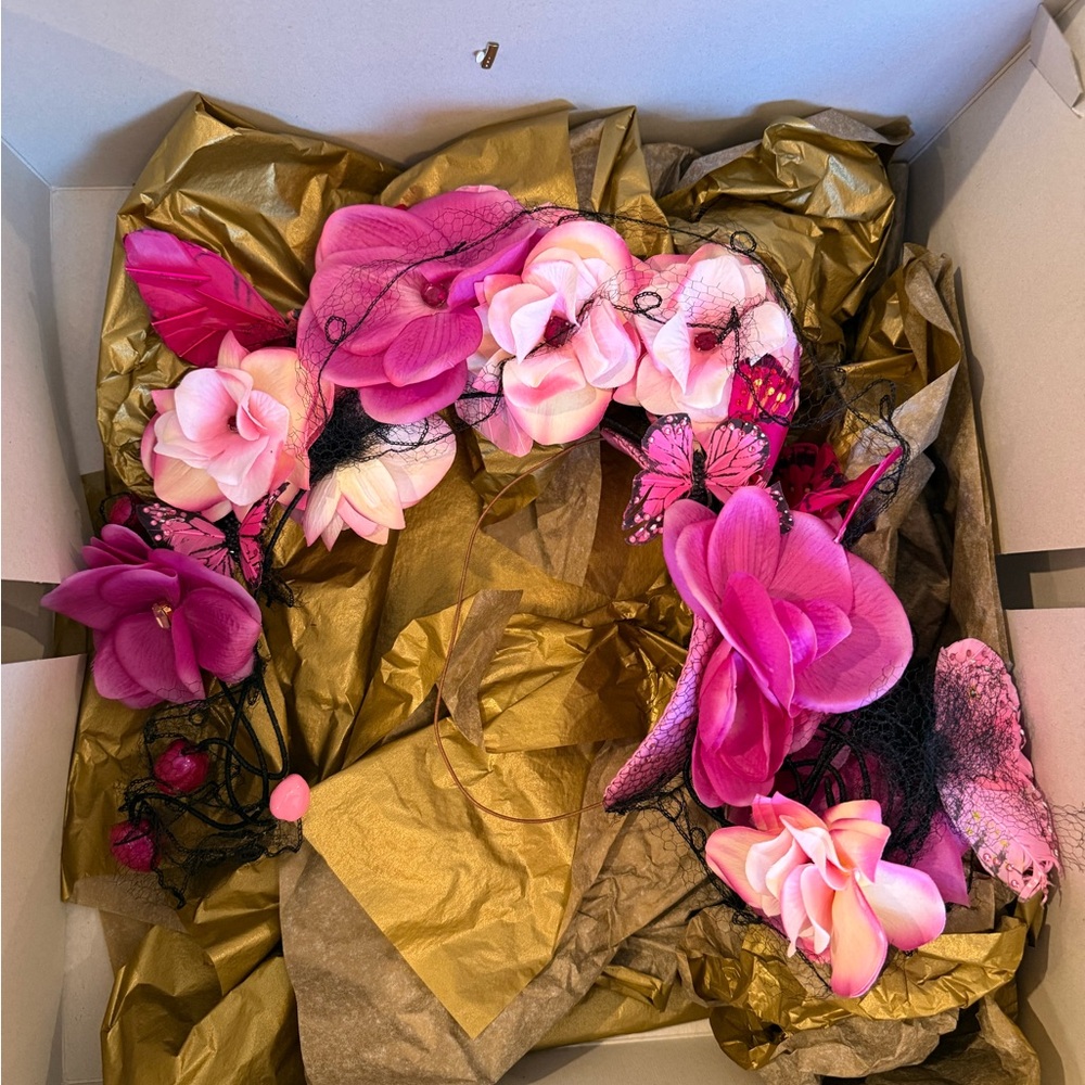 Anya Caliendo Pink Floral Butterfly Hat Kentucky Derby— frames the whole face